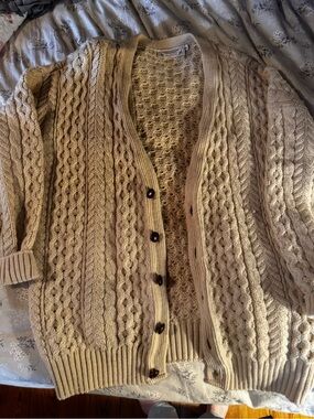 Vintage Chunky Cable Knit Button-Up Cardigan in Cream: made in Scotland